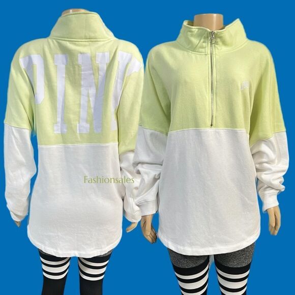 Victorias Secret Pink Varsity Half Zip Oversized Sweatshirt Green White XXL - Picture 3 of 9